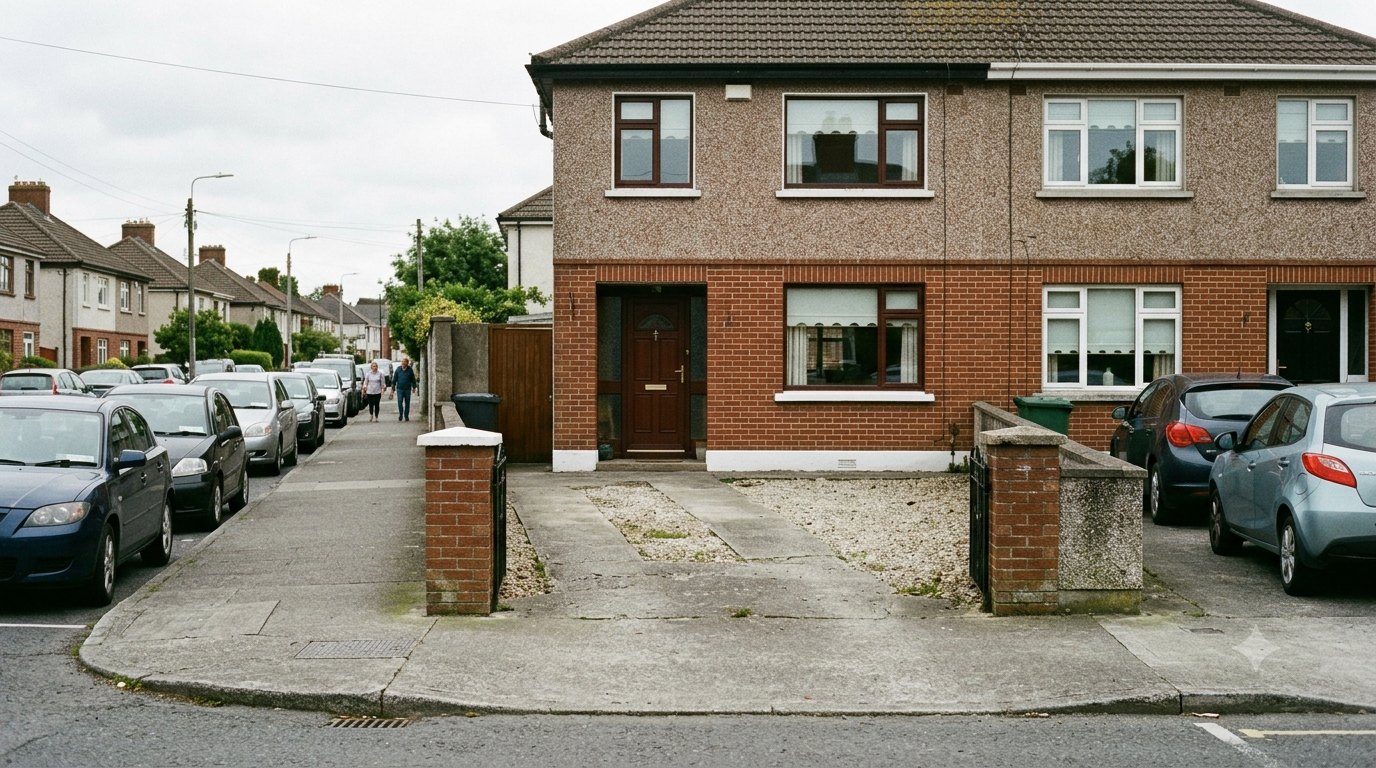 An ordinary Irish street where cars are parked bumper to bumper along both kerbs, while the driveway of one semi-detached house stands completely empty.
