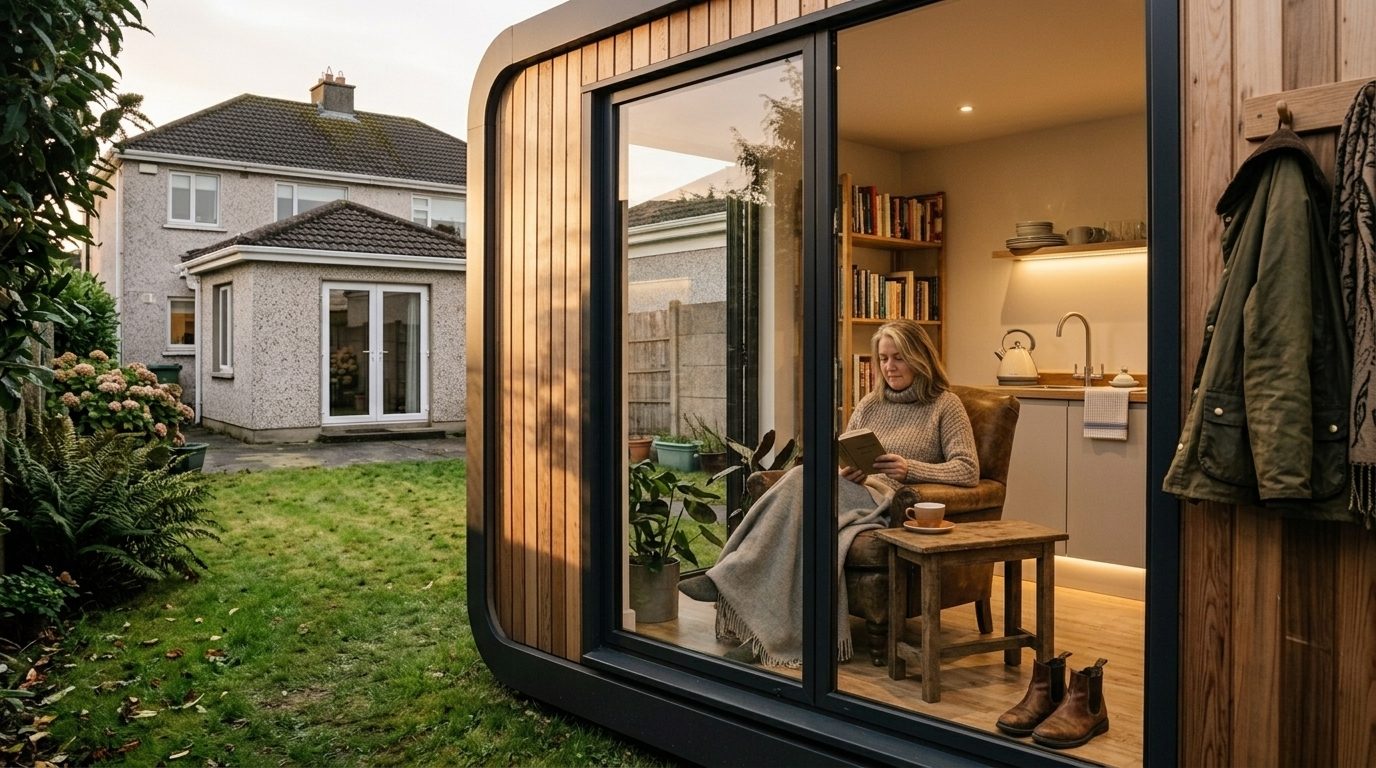 A timber garden home with its sliding door open, a woman reading in an armchair inside beside a small kitchen and bookshelves, a coat hanging by the door, and the main house across the lawn behind.