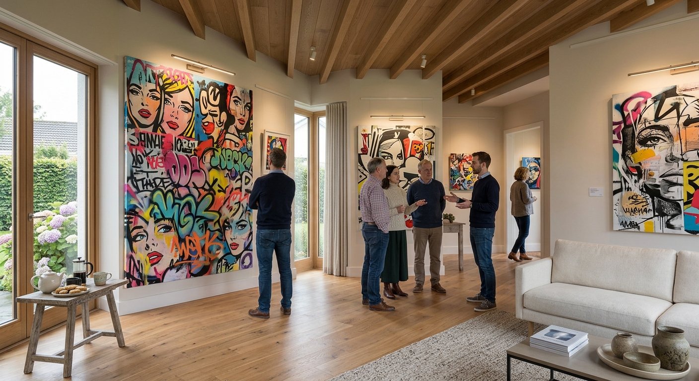 The same living room hung with large, bold contemporary canvases, with half a dozen visitors talking and looking at the work.