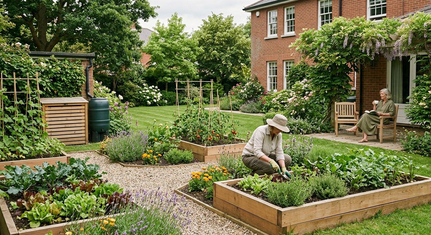 An Irish back garden with raised vegetable beds along one side, a grower tending them, and the homeowner reading on the patio by the house.