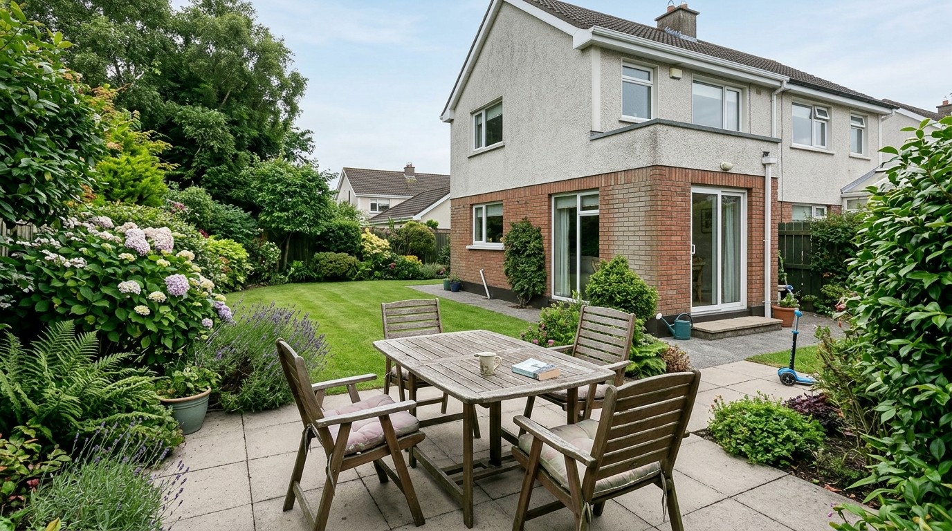 The back garden of an ordinary Irish semi-detached house, with a weathered patio table and chairs, a mown lawn and hydrangeas along the boundary.