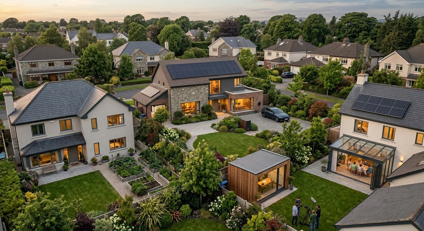 An Irish housing estate seen from above at dusk, with solar panels on several of the roofs.