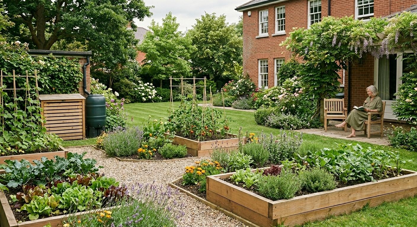 The same garden with raised timber beds, gravel paths, herbs, flowers and vegetables occupying one side, the lawn and patio unchanged.